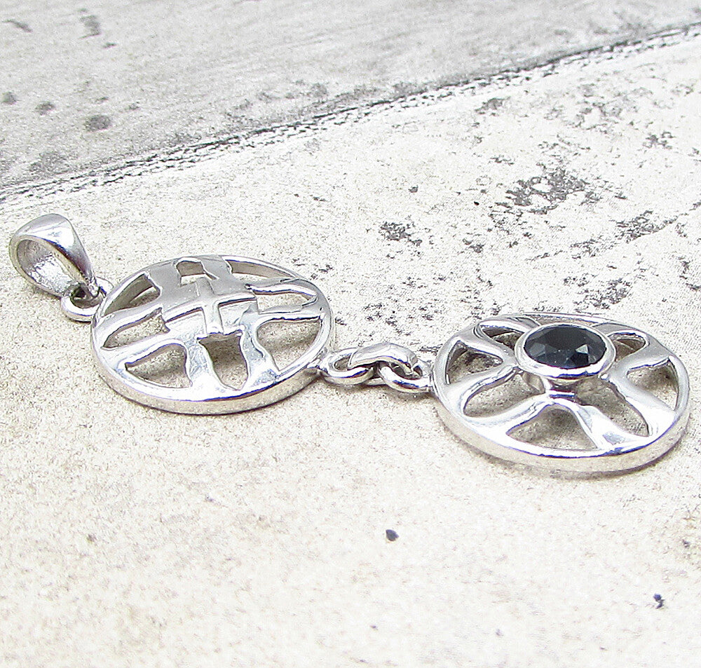 925 Sterling Silver  Faceted Sapphire Linked Cross Wheels Drop Pendant  PT1531