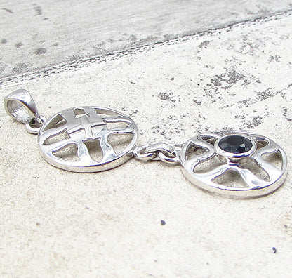 925 Sterling Silver  Faceted Sapphire Linked Cross Wheels Drop Pendant  PT1531