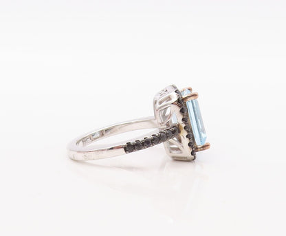 925 Sterling Silver Vintage Ring Rectangle Blue Topaz Halo Spinel  Sz 7 RG30843