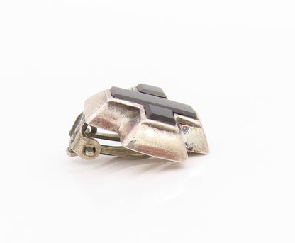 925 Sterling Silver Vintage Earrings Onyx Inlay Plus Sign Clip Back  EG13542