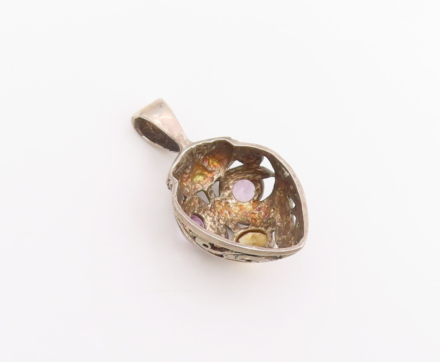 925 Sterling Silver Vintage Pendant Citrine & Amethyst Openwork Charm  PT26029
