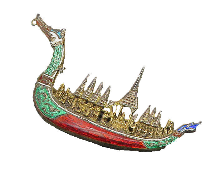 SIAM 925 Sterling Silver  Vintage Enamel Dragon Boat Brooch Pin  BP9057