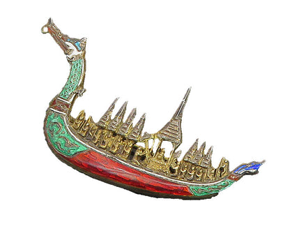 SIAM 925 Sterling Silver  Vintage Enamel Dragon Boat Brooch Pin  BP9057