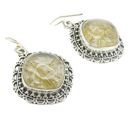 925 Sterling Silver Vintage Cabochon Rutilated Quartz Dangle Earrings EG3536