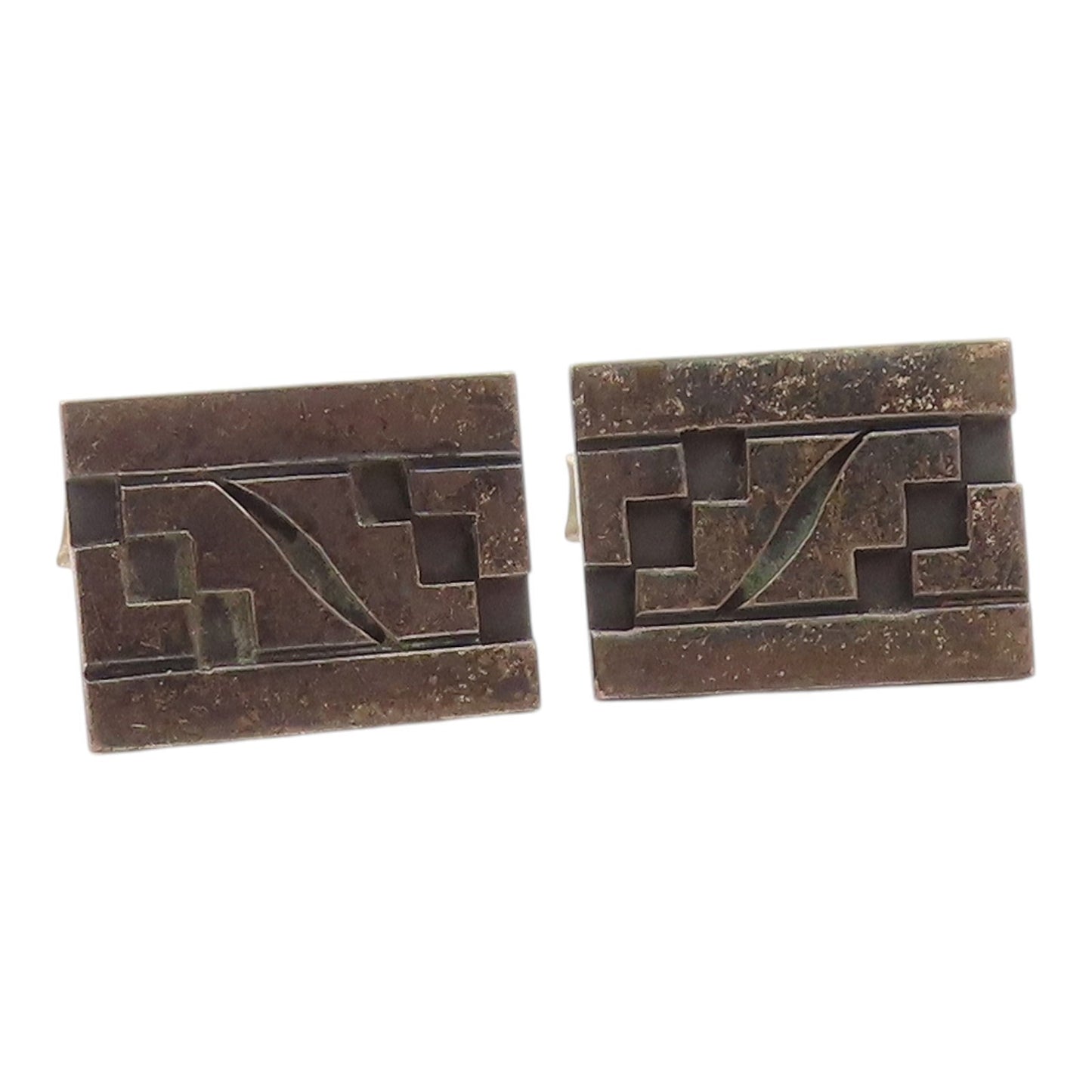 TAXCO 925 Silver  Vintage Carved Stairs Maze Motif Tribal Cuff Links  TR3450