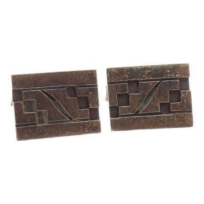 TAXCO 925 Silver  Vintage Carved Stairs Maze Motif Tribal Cuff Links  TR3450