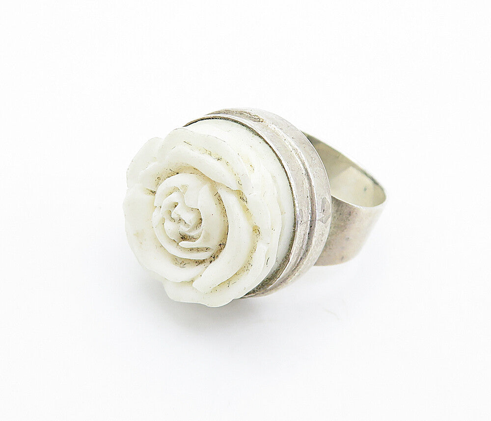 925 Sterling Silver  Vintage Sculpted Rose Flower Cocktail Ring Sz 5  RG7732