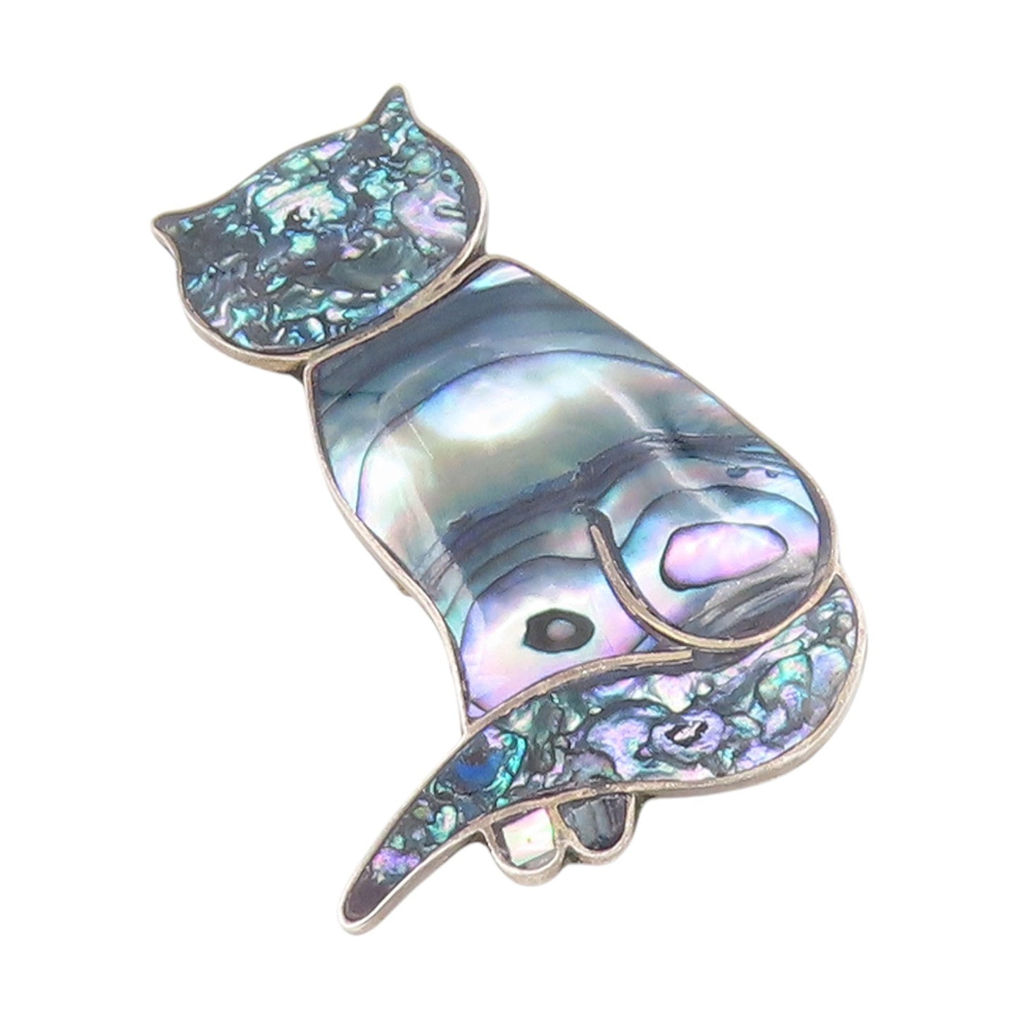 925 Sterling Silver Vintage Brooch Pin TAXCO Abalone Inlay Modernist Cat BP12428