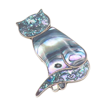 925 Sterling Silver Vintage Brooch Pin TAXCO Abalone Inlay Modernist Cat BP12428