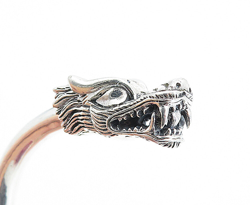 925 Sterling Silver  Vintage Shiny Sculpted Dragon Head Cuff Bracelet  BT2498