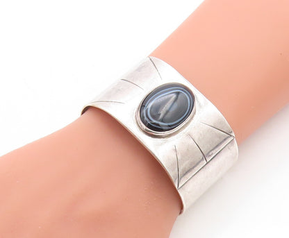 925 Sterling Silver  Vintage Agate Shiny Etched Wide Cuff Bracelet  BT1554