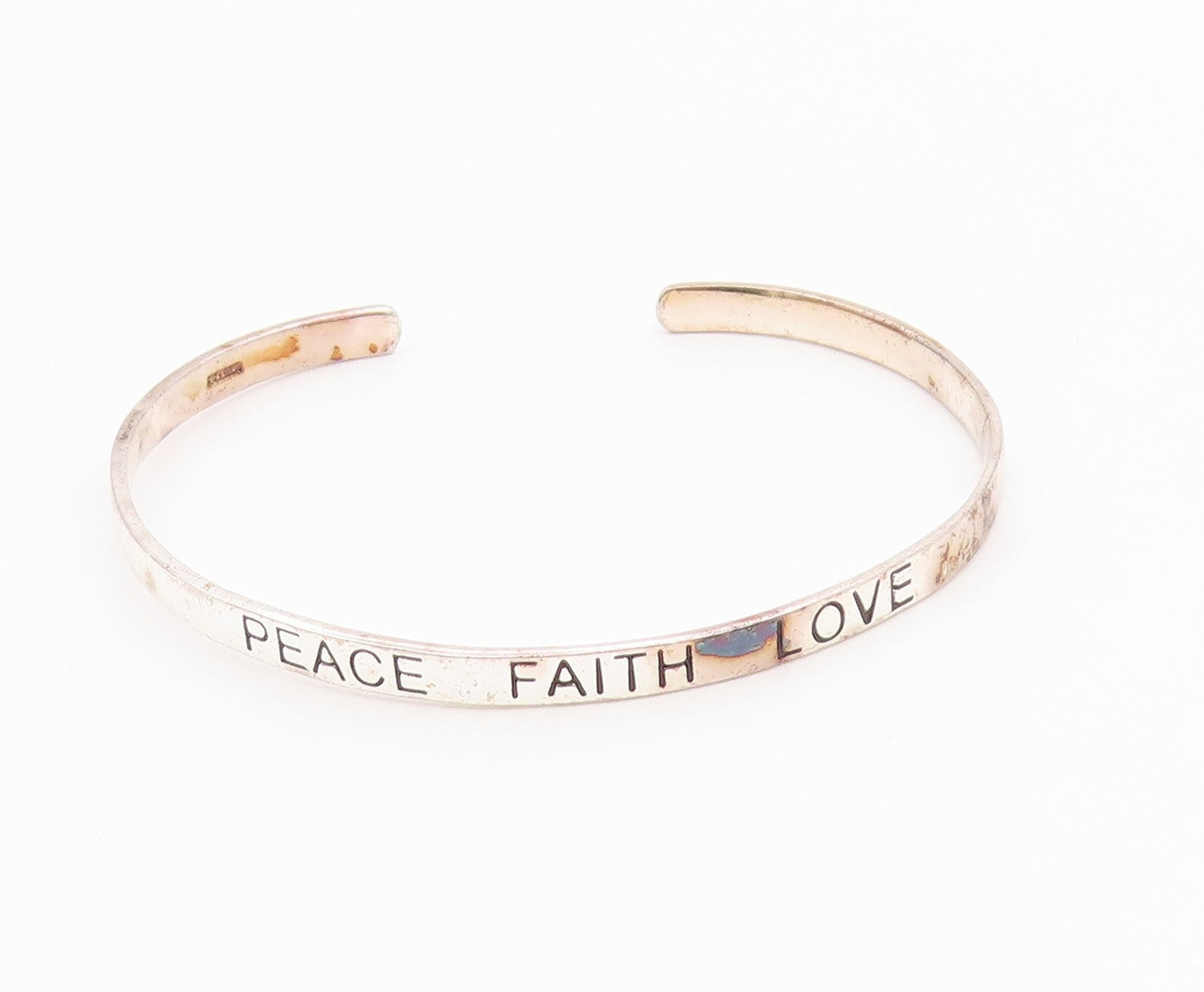 925 Sterling Silver  Vintage Shiny Peace Faith Love Cuff Bracelet  BT8343