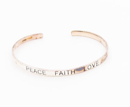 925 Sterling Silver  Vintage Shiny Peace Faith Love Cuff Bracelet  BT8343