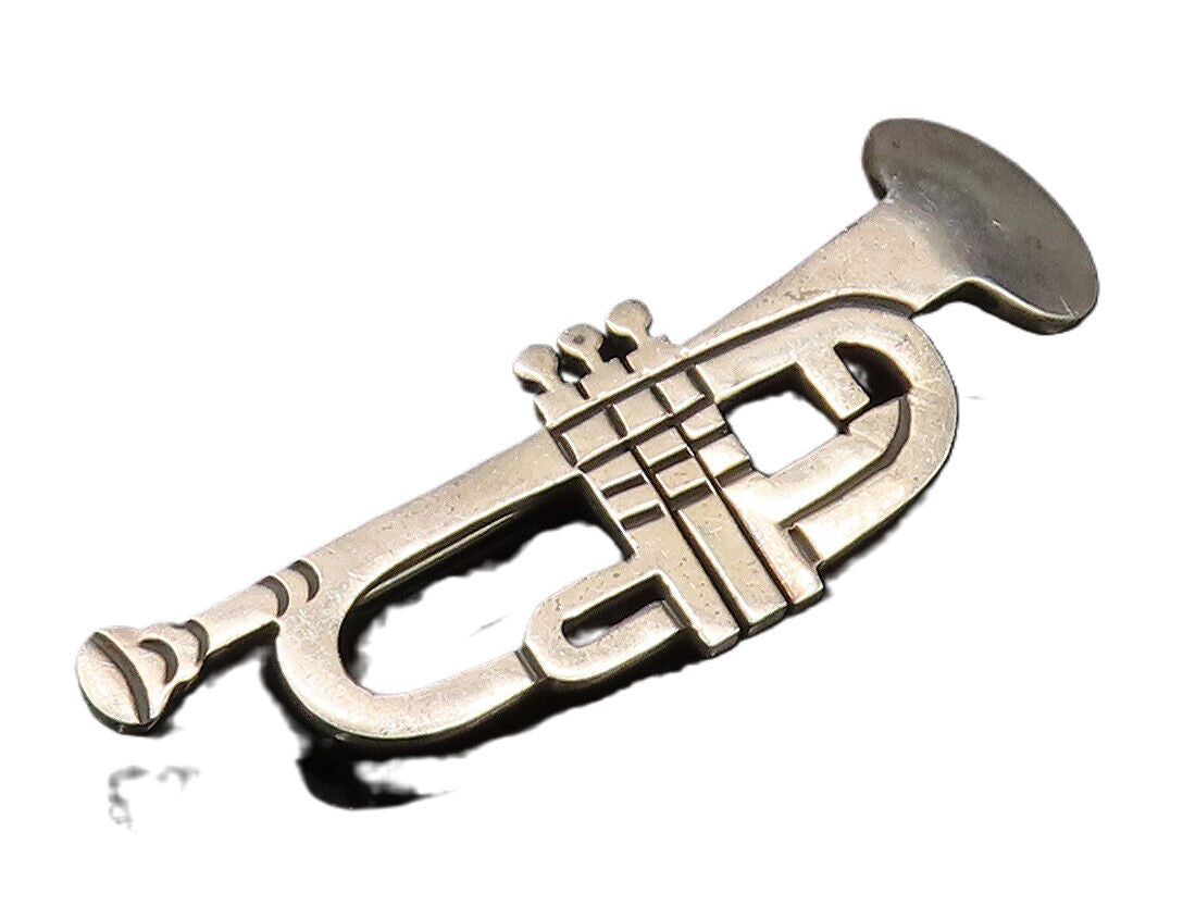 MEXICO 925 Silver  Vintage Engraved Trumpet Instrument Brooch Pin  BP9815