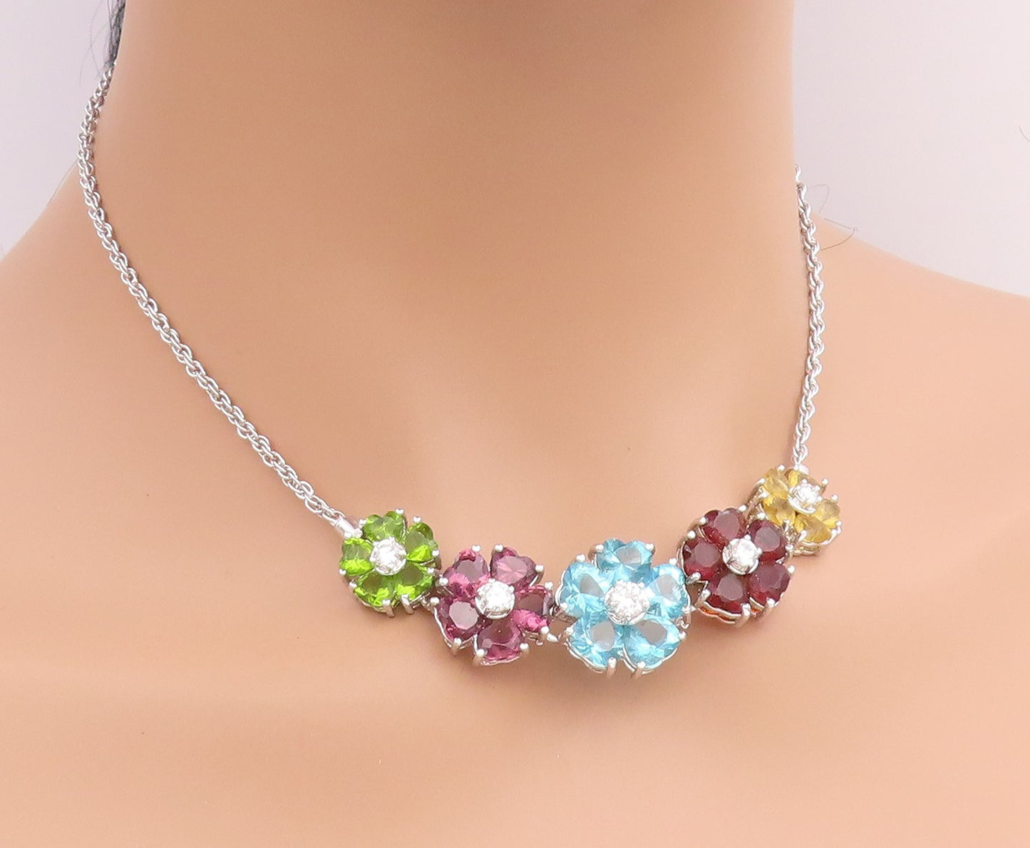 925 Sterling Silver Vintage Necklace Multi Gemstone Elegant Floral Chain  NE4897