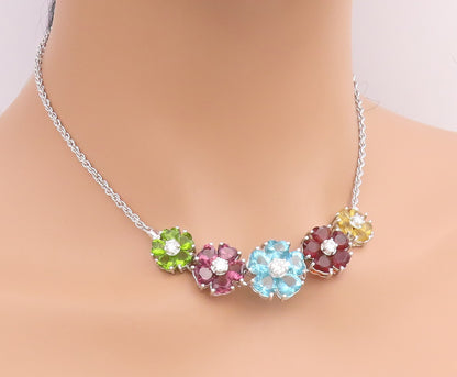 925 Sterling Silver Vintage Necklace Multi Gemstone Elegant Floral Chain  NE4897