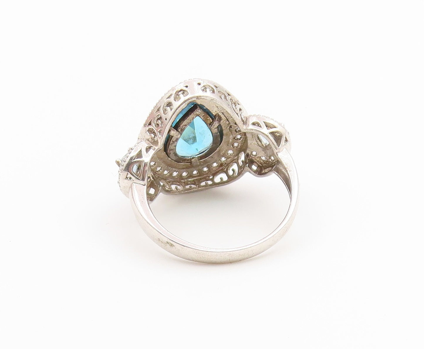 925 Sterling Silver Vintage Ring Blue Topaz Halo Statement Band  Sz 6.5  RG36809