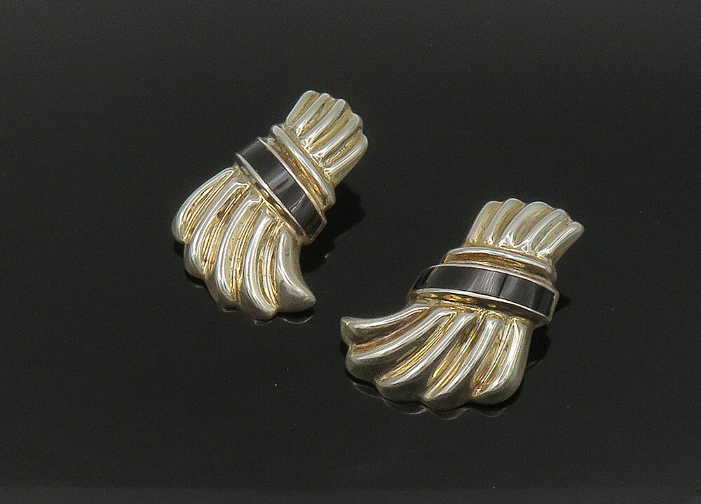 MEXICO 925 Silver  Vintage Black Onyx Fluted Non Pierce Earrings  EG11205