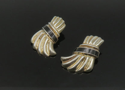 MEXICO 925 Silver  Vintage Black Onyx Fluted Non Pierce Earrings  EG11205