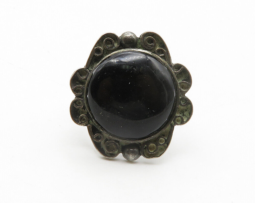 925 Sterling Silver  Vintage Black Onyx Floral Cocktail Ring Sz 6.5  RG13721
