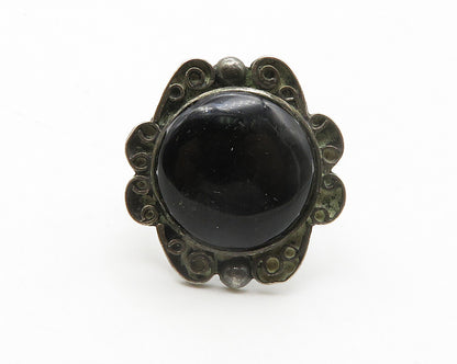 925 Sterling Silver  Vintage Black Onyx Floral Cocktail Ring Sz 6.5  RG13721