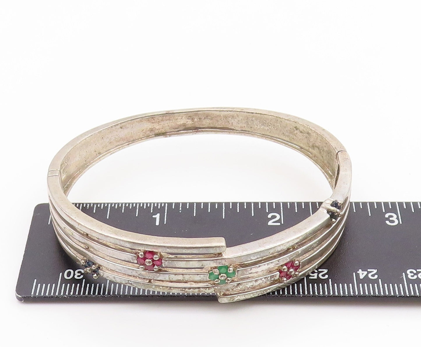 925 Sterling Silver Vintage Bracelet Sapphire Ruby Emerald Floral Bangle BT11799