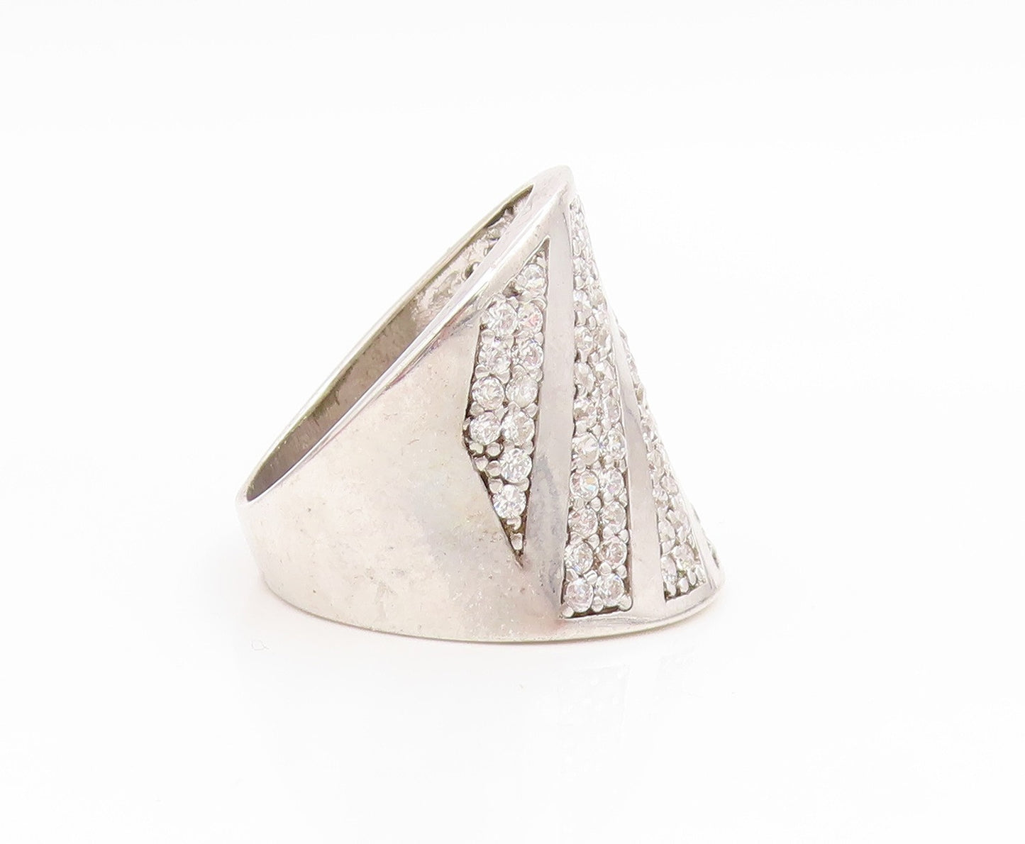 925 Sterling Silver Vintage Ring CZ Pave Diagonal Striped Wide Band Sz 8 RG35276