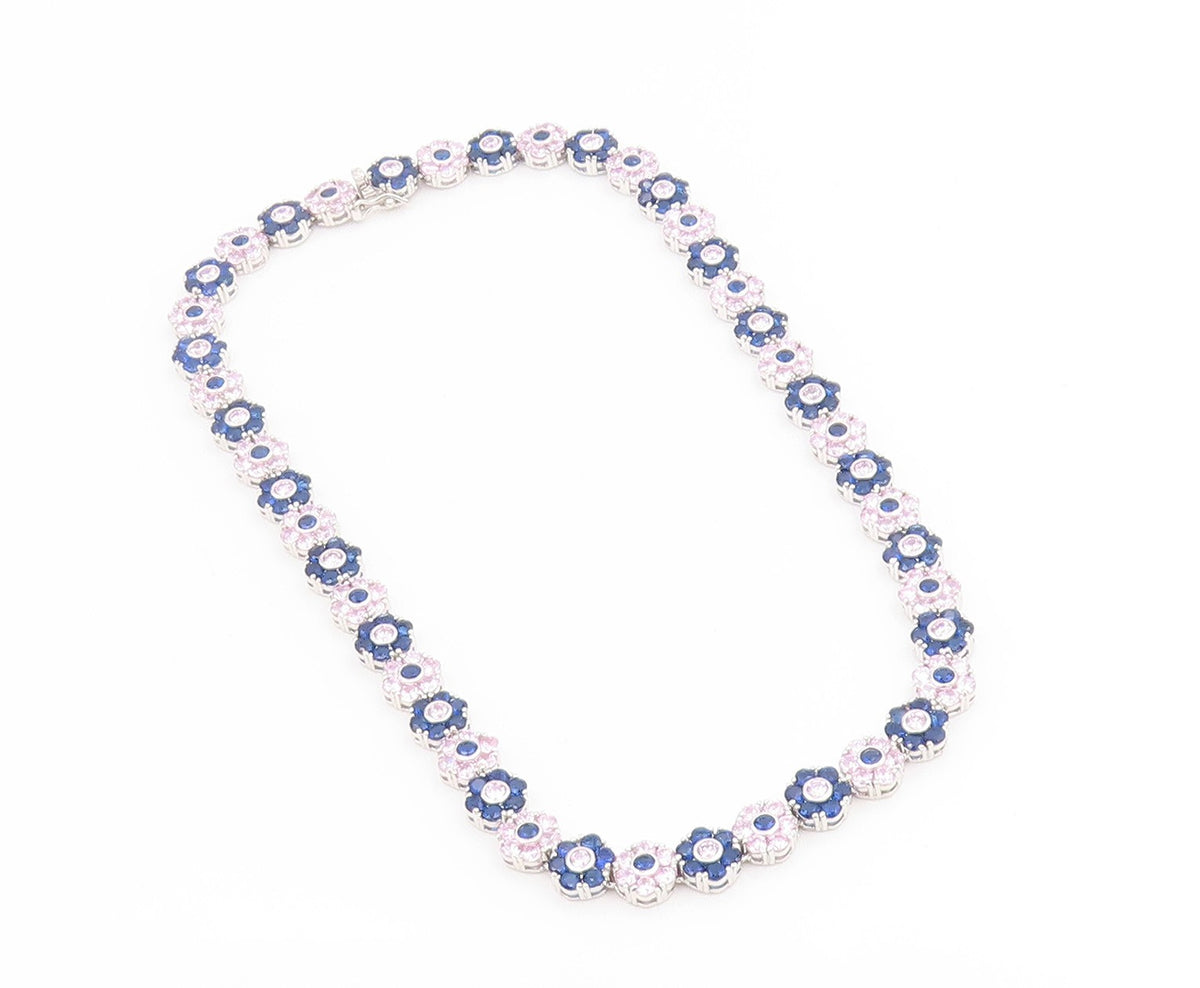 925 Sterling Silver Vintage Necklace Pink & Blue Topaz Floral Link Chain  NE4813