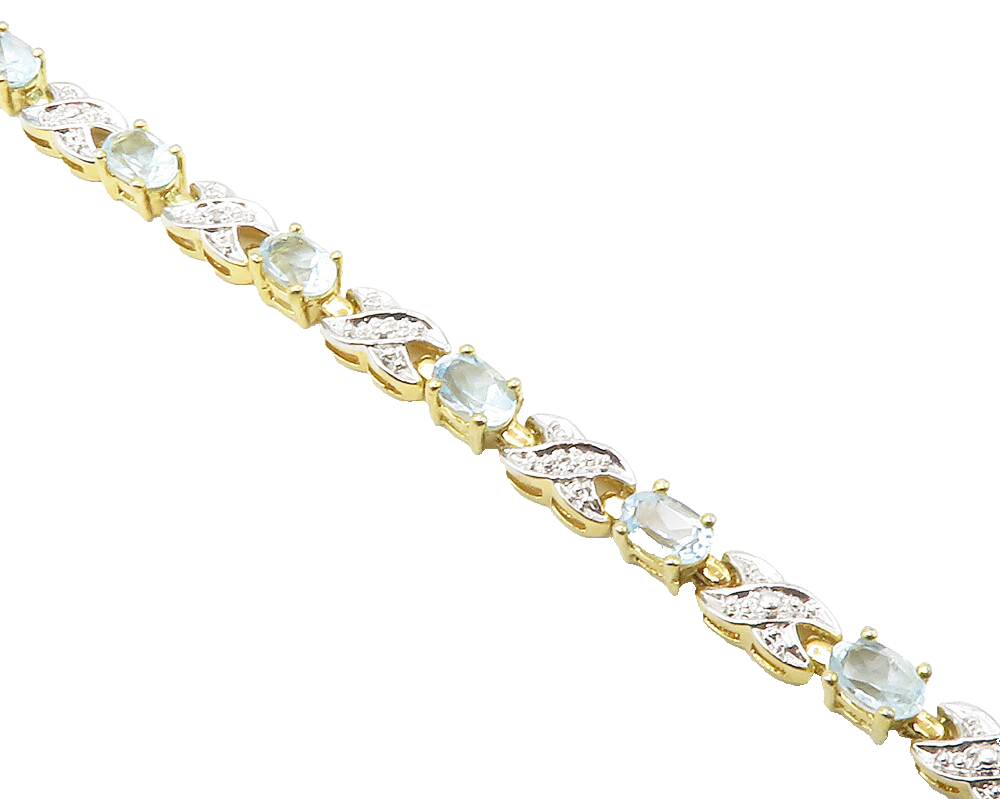 925 Sterling Silver  Genuine Diamond & Blue Topaz Shiny Chain Bracelet  BT5761