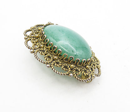 925 Sterling Silver  Vintage Cabochon Cut Green Agate Twist Brooch Pin  BP3016