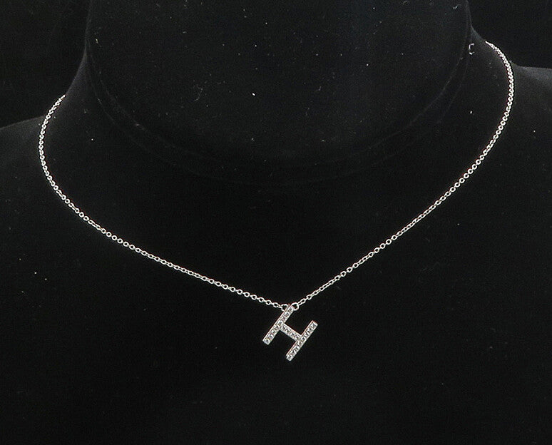 925 Sterling Silver  Shiny Cubic Zirconia H Initial Chain Necklace  NE3136