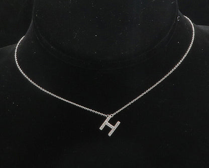 925 Sterling Silver  Shiny Cubic Zirconia H Initial Chain Necklace  NE3136