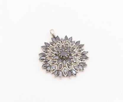 925 Sterling Silver Vintage Pendant Black CZ Floral Starburst Blossom  PT25789