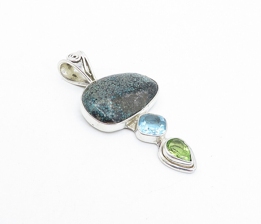 925 Sterling Silver  Vintage Jasper Topaz & Peridot Swirl Drop Pendant  PT3095