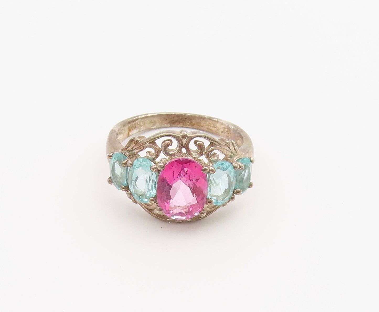 925 Sterling Silver Vintage Ring Aquamarine & Pink Topaz Band  Sz 6  RG36874