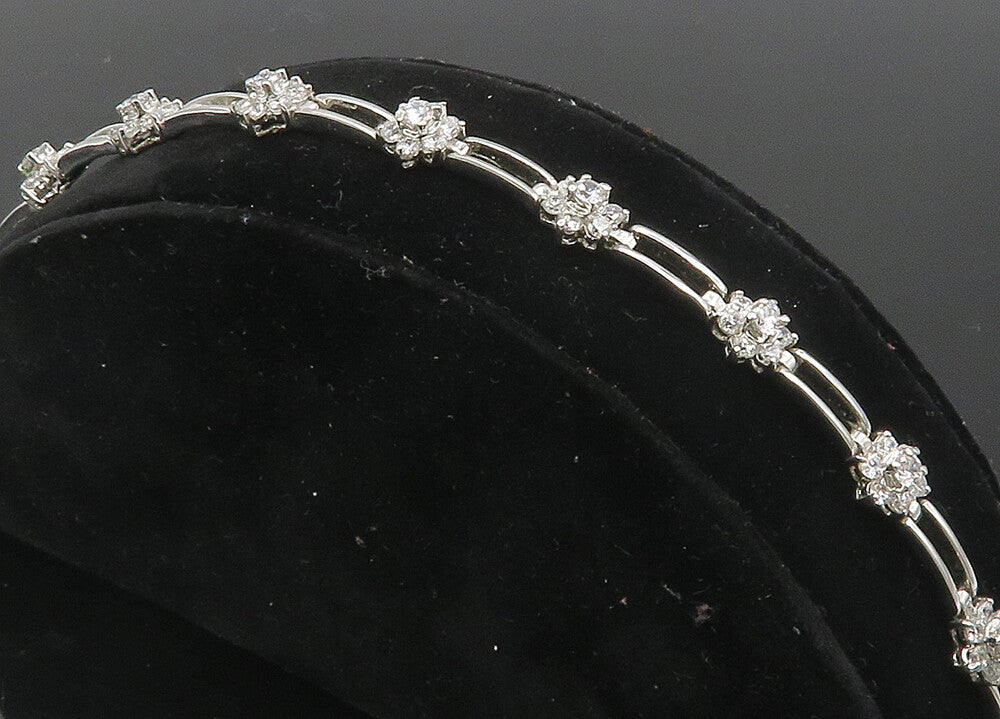 925 Sterling Silver  Cubic Zirconia Floral Bar Link Chain Bracelet  BT4248