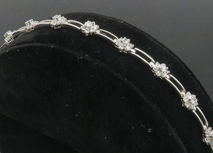 925 Sterling Silver  Cubic Zirconia Floral Bar Link Chain Bracelet  BT4248