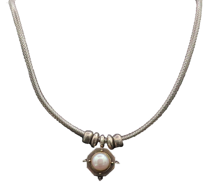 14k GOLD 925 Sterling Silver  Vintage Tribal Design Pearl Necklace  NE4091