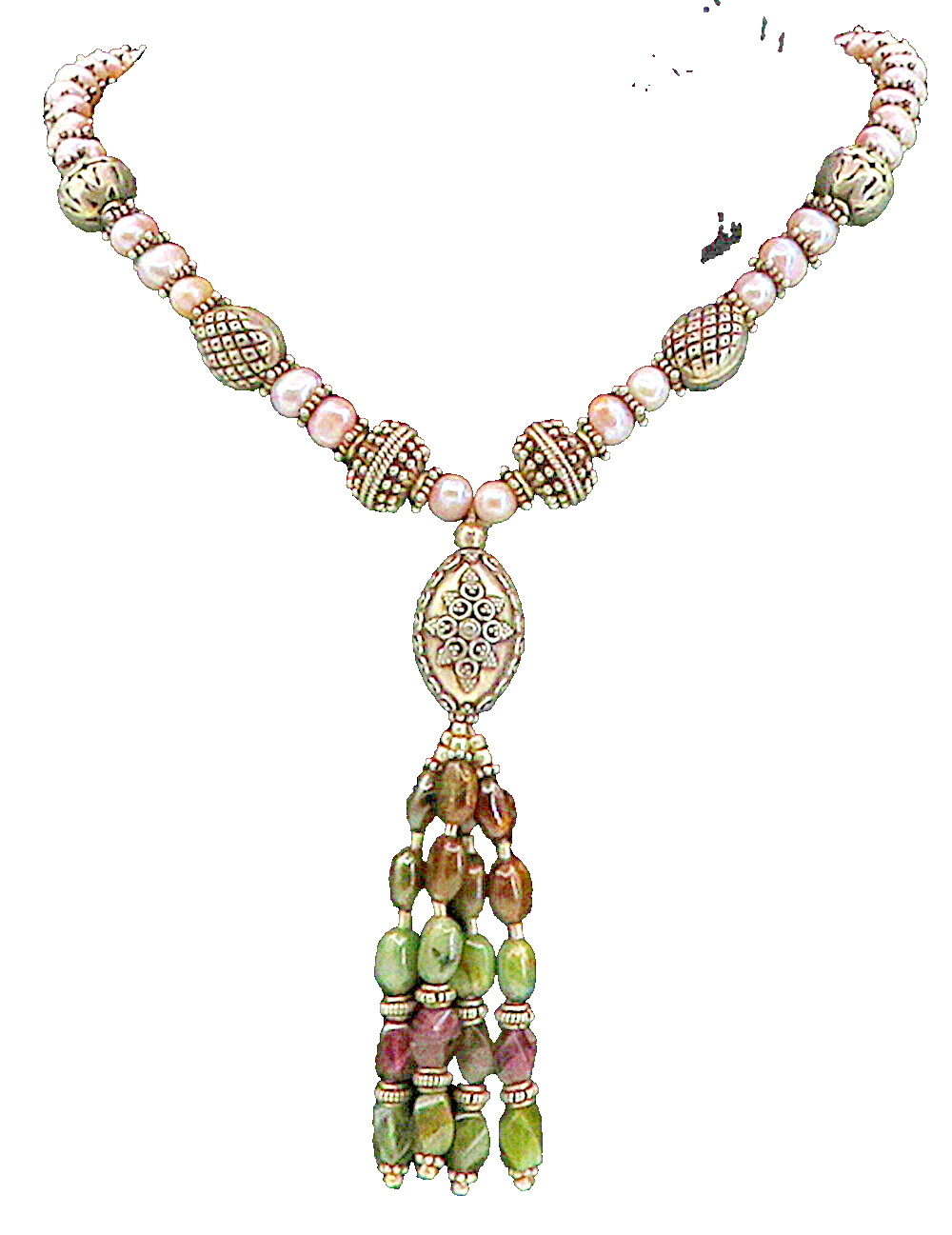 925 Sterling Silver  Vintage Pearls Agate & Amethyst Chain Necklace  NE1655