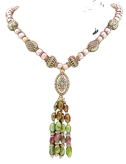 925 Sterling Silver  Vintage Pearls Agate & Amethyst Chain Necklace  NE1655