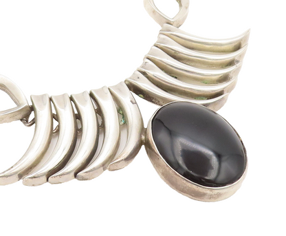 925 Sterling Silver Vintage Necklace MEXICO Animal Teeth Oval Onyx Heavy  NE4228