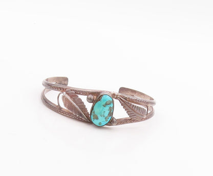 925 Sterling Silver Vintage Bracelet NAVAJO ZUNI Floral Oval Turquoise  BT10699