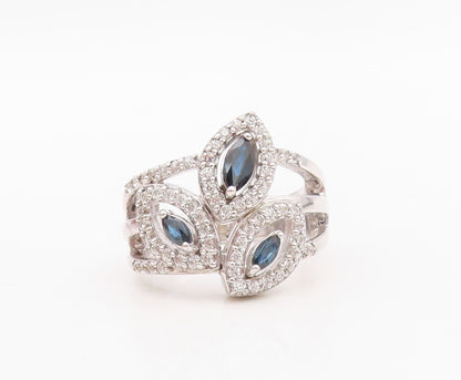 925 Sterling Silver Vintage Ring Modernist Floral Cut Sapphire & CZ Sz 7 RG30134