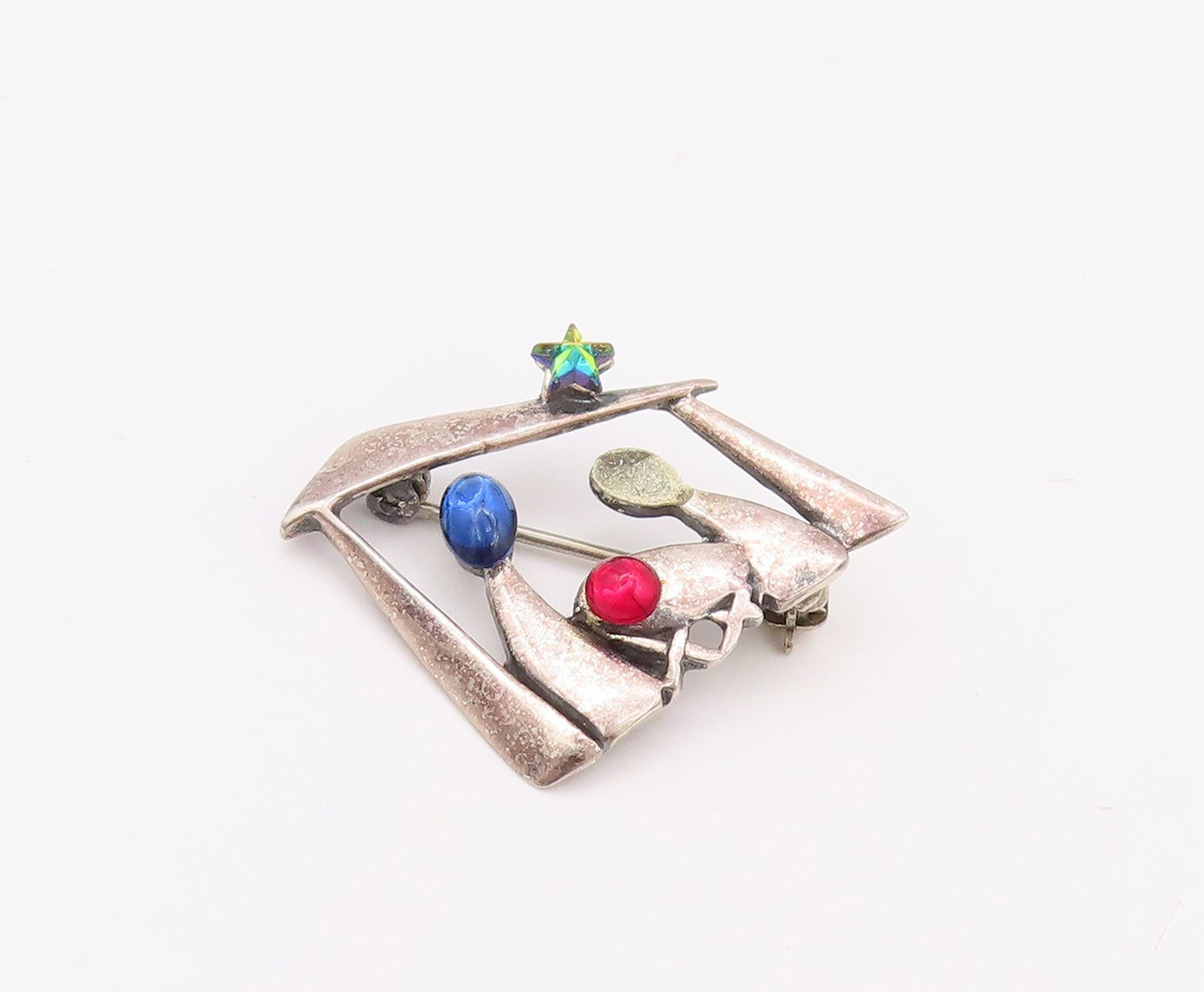 925 Sterling Silver Vintage Brooch Pin Religious Child Birth Cabochon CZ BP11154