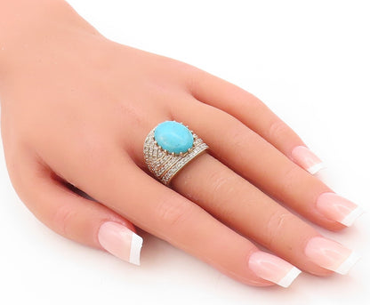 925 Sterling Silver Vintage Ring Gold Plated Large Turquoise & CZ  Sz 7  RG31031