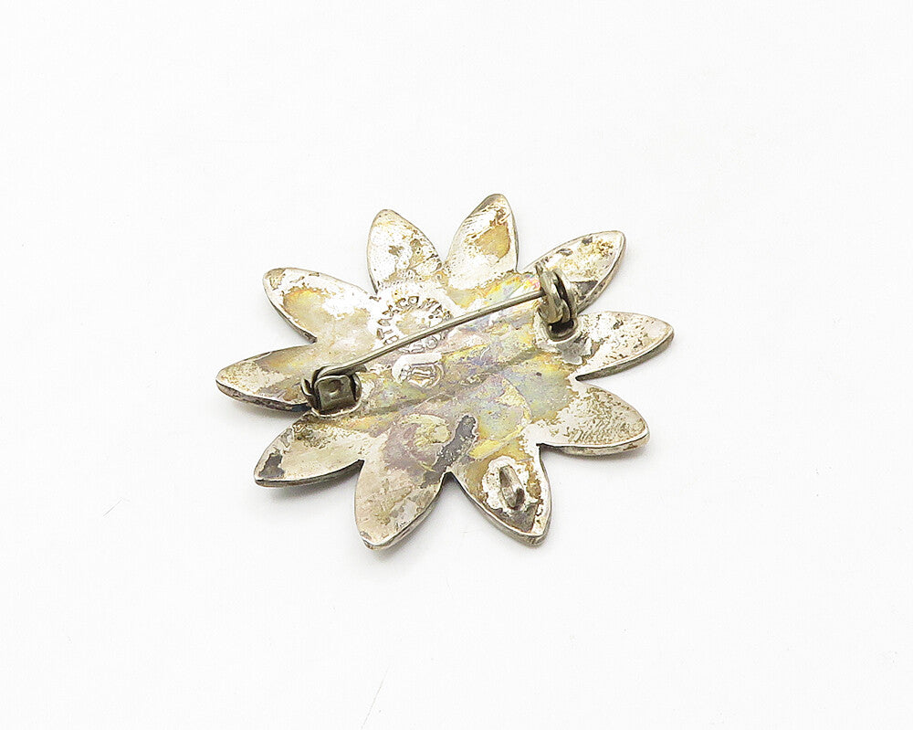 MEXICO 925 Silver  Vintage Abalone Shell & Turquoise Flower Brooch Pin  BP7119