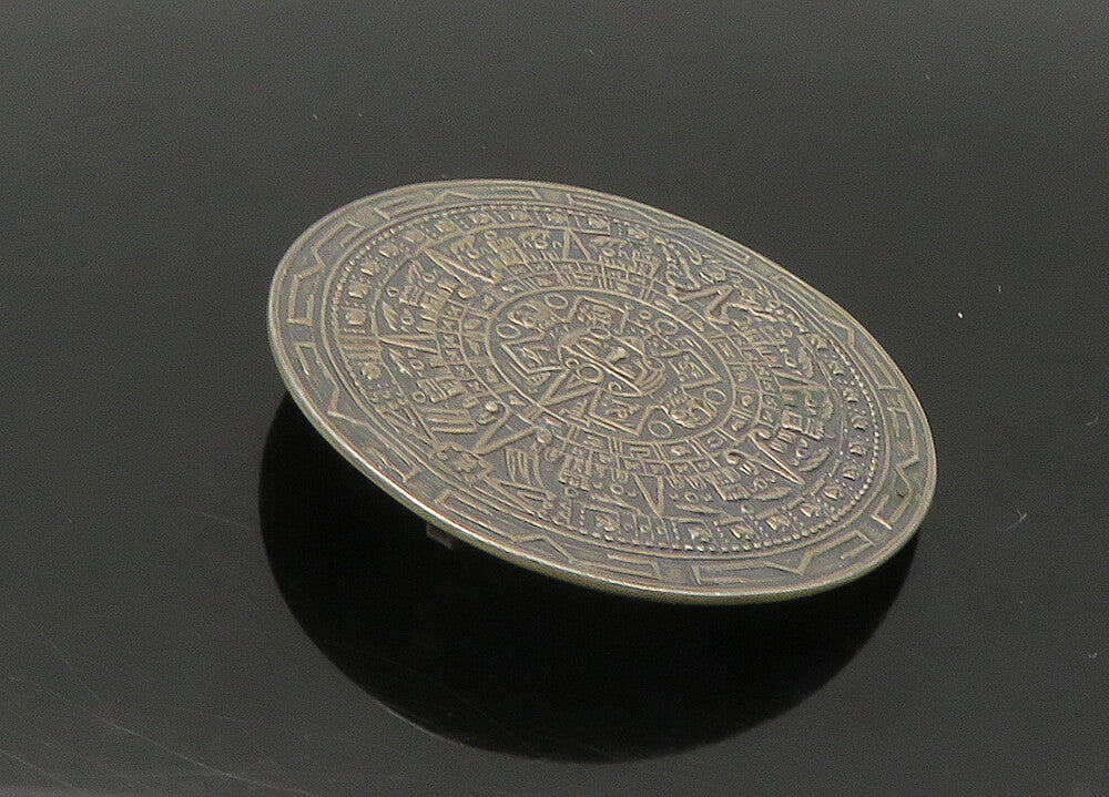MEXICO 925 Silver  Vintage Mayan Aztec Sun Calendar Oxidized Brooch Pin BP8767