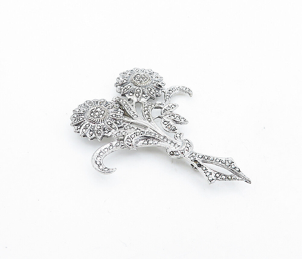 925 Sterling Silver  Sparkling Tied Flower Bouquet Motif Brooch Pin  BP1792