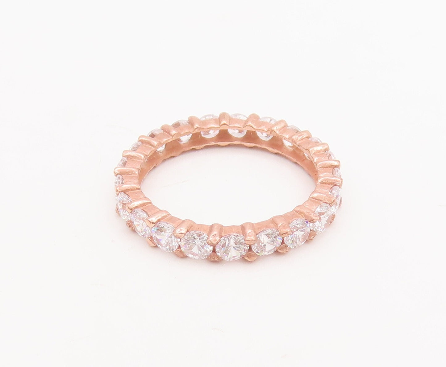 925 Sterling Silver Vintage Ring Pink Enameled 360 CZ Inlay  Sz 7.5  RG29184