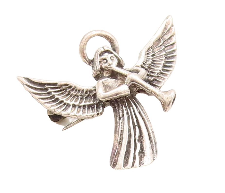 925 Sterling Silver Vintage Brooch Pin Dark Tone Angel Playing Music  BP11388